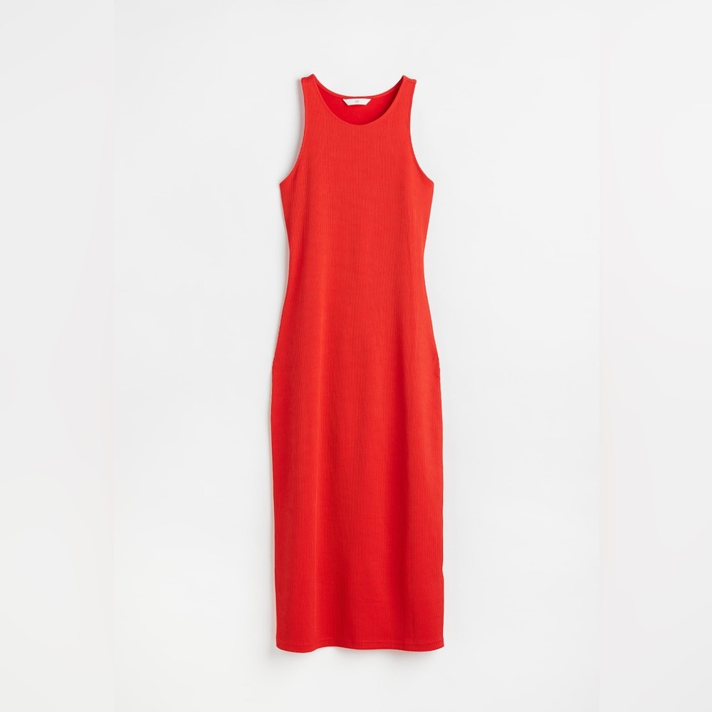 H&M Sleeveless Red Maxi Dress BNWT Open Back Ribbed Knit Minimalist Classic